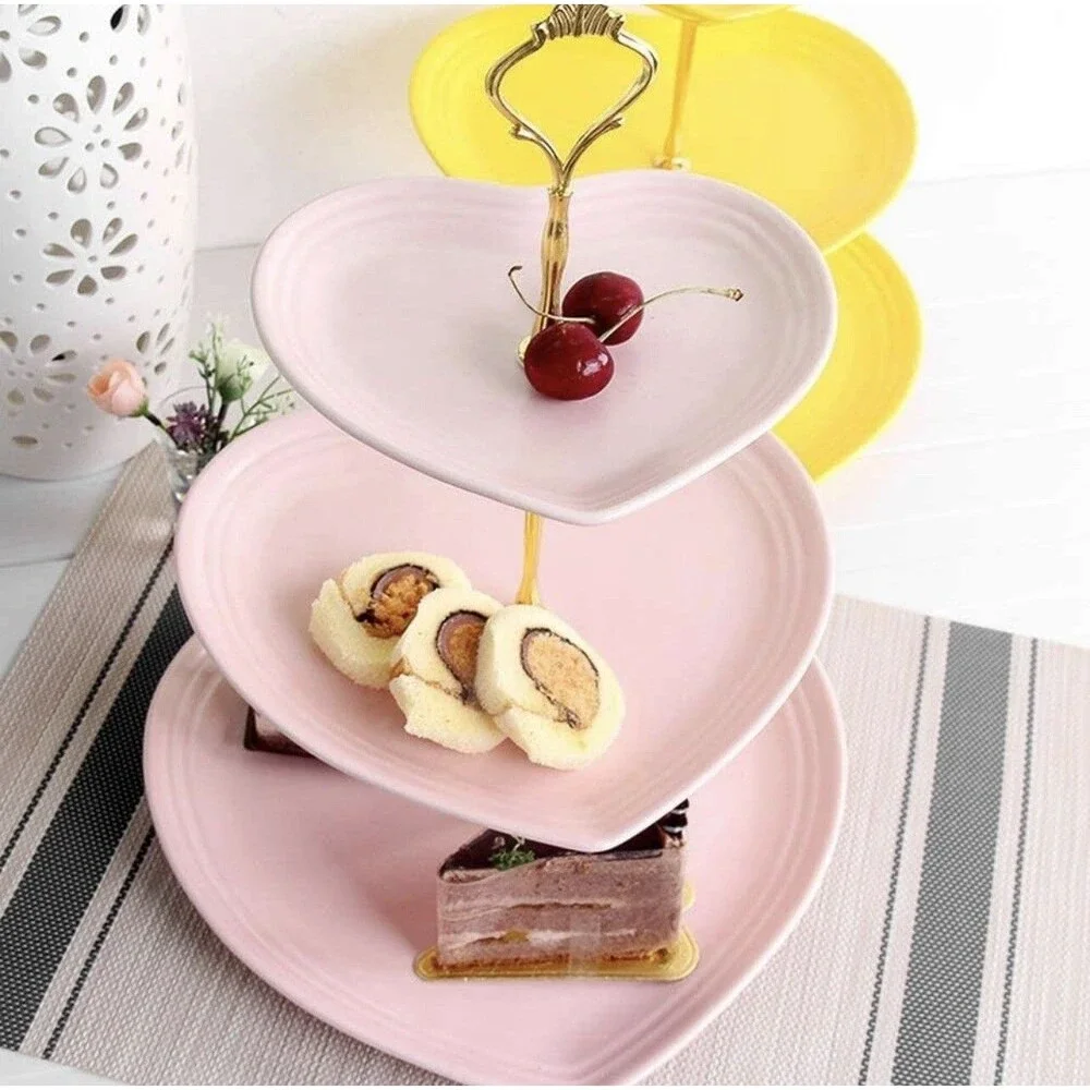 3 Tier Ceramic Heart Stand Wedding, Dessert Cupcake Stand for Tea Party Pink